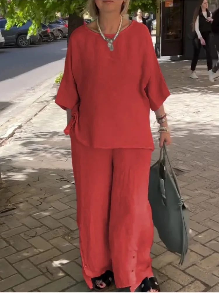 أزياء المرأة بلون القطن فضفاض قطعتين مجموعات الربيع الصيف س الرقبة 3/4 كم جيب بنطال ذو قصة أرجل واسعة الإناث 2 قطعة مجموعة #5