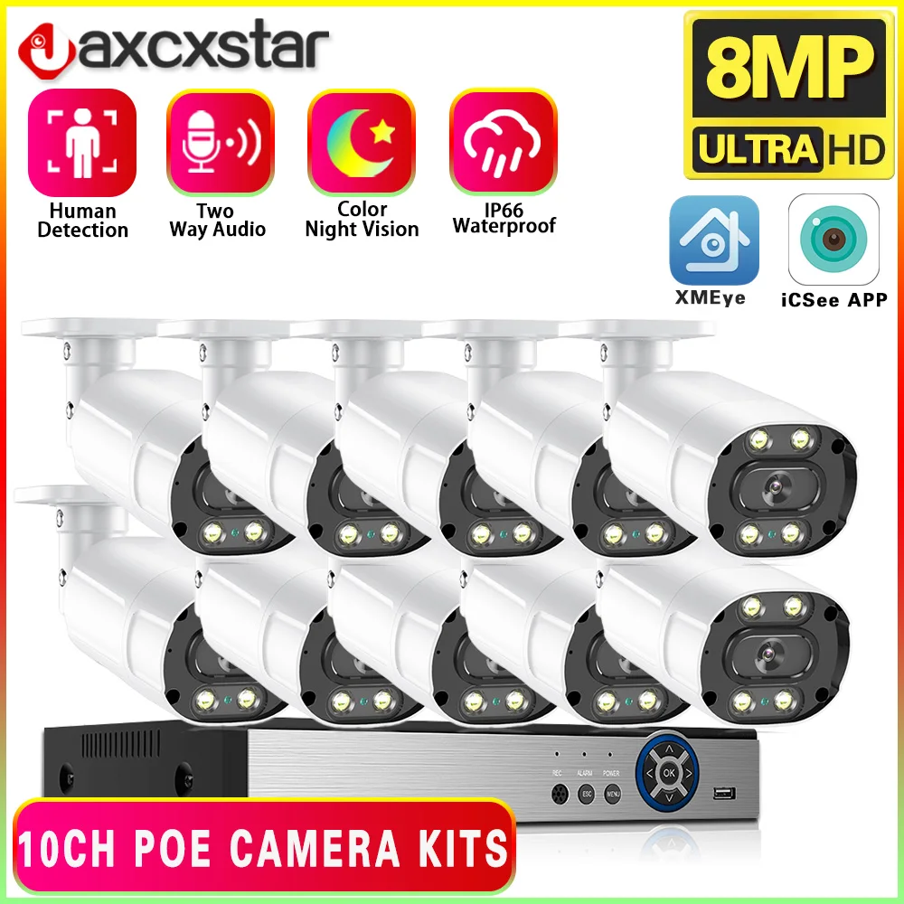 

8CH 4K 8MP POE Security Camera System Two Way Audio 8MP NVR Kit CCTV Outdoor IP Camera H.265 P2P Video Surveillance 10CH Set