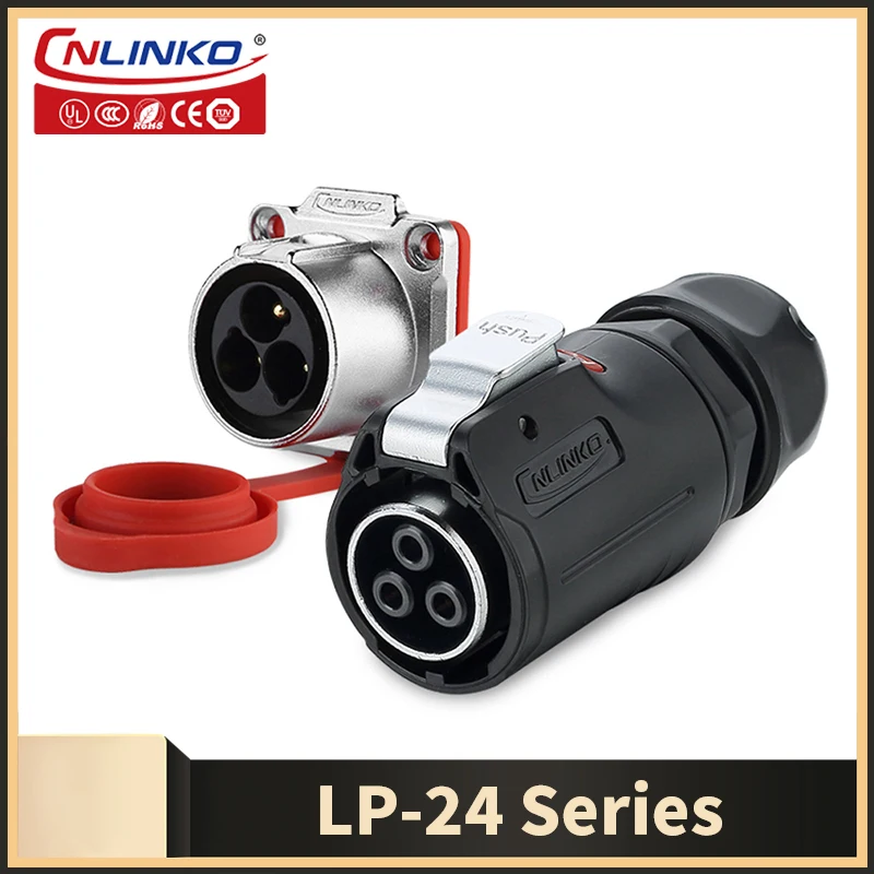 Cnlinko LP24 Plastic IP67 Waterproof 3pin Aviation Electric Plug Socket AC500V 25A Power Connector for Circular Wire Connection