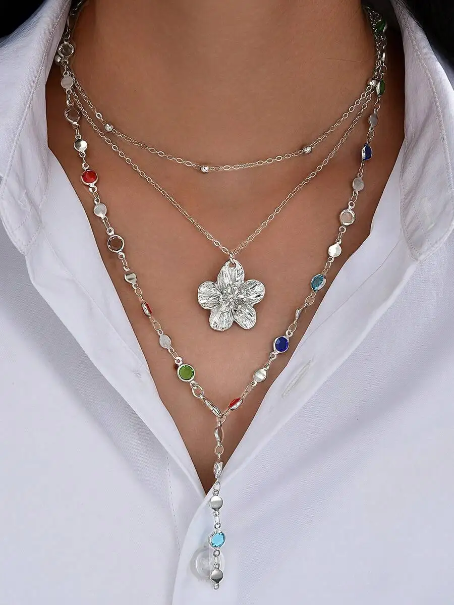 

4-Piece Layered Silver-Tone Floral Y-Necklace Set With Colorful Beads, Shell Flower Pendant, For Casual, Party, Gift