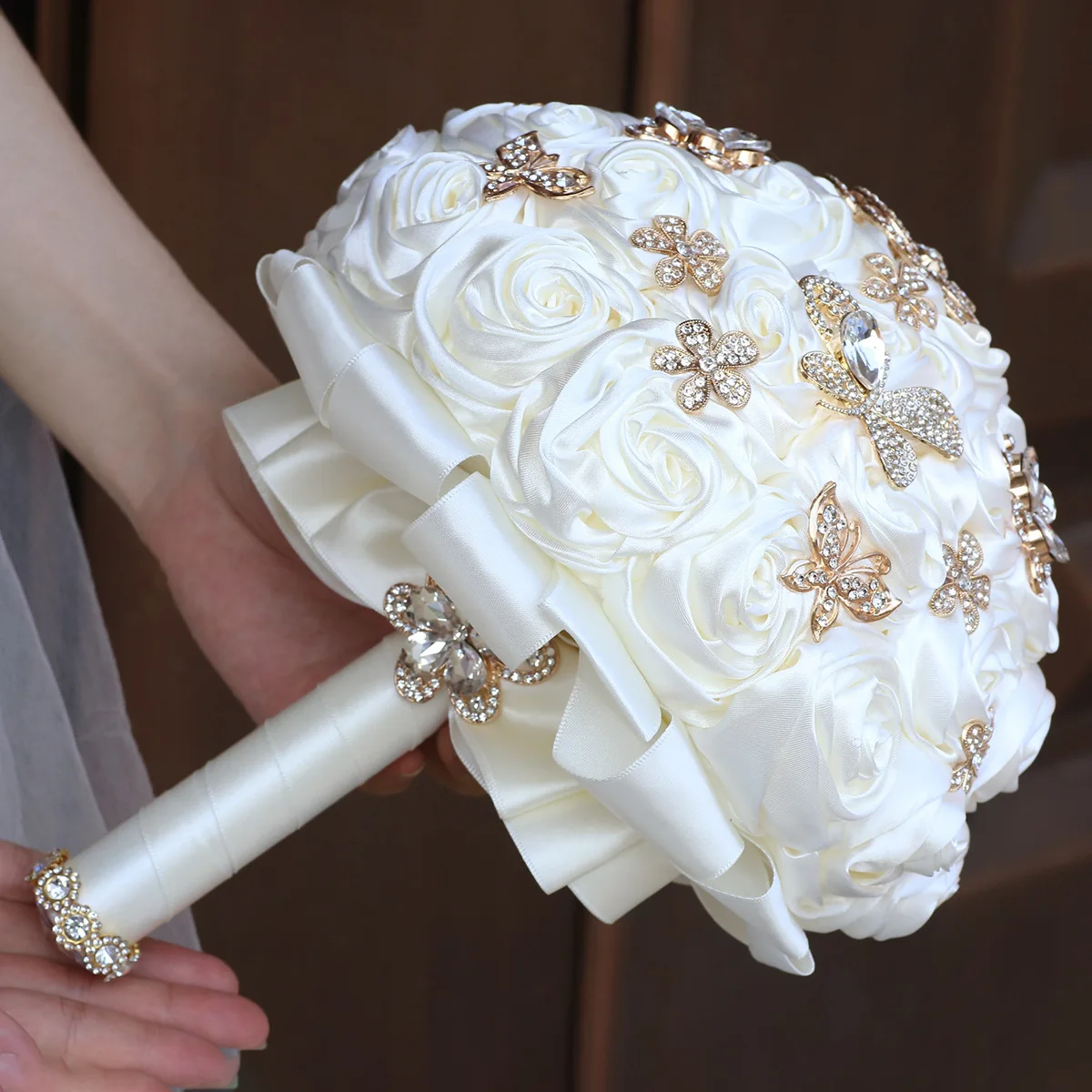 

1pc/lot Cream Bridal Wedding Bouquet Artificial Ribbon Rose