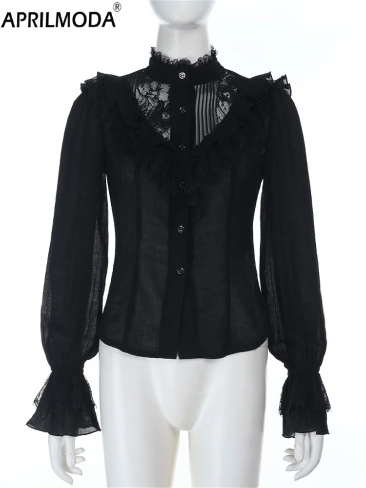 2025 Halloween Nero Pizzo Manica Lunga Donna Casual Dolce Camicetta Lolita Vintage Gotico Jacquard Elegante Office Lady Y2k Top