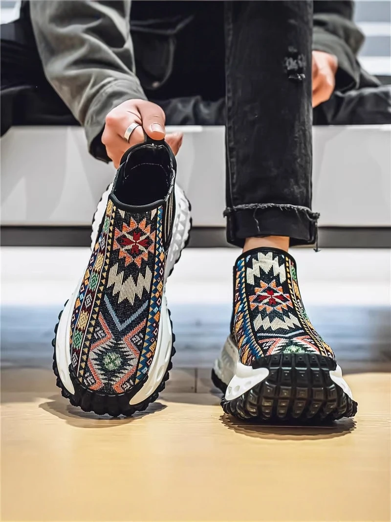 High-Top Men's Shoes Casual Embroidered Dad Sneakers Thick Bottom Leisure Sports Spring Autumn PU Material round Toe