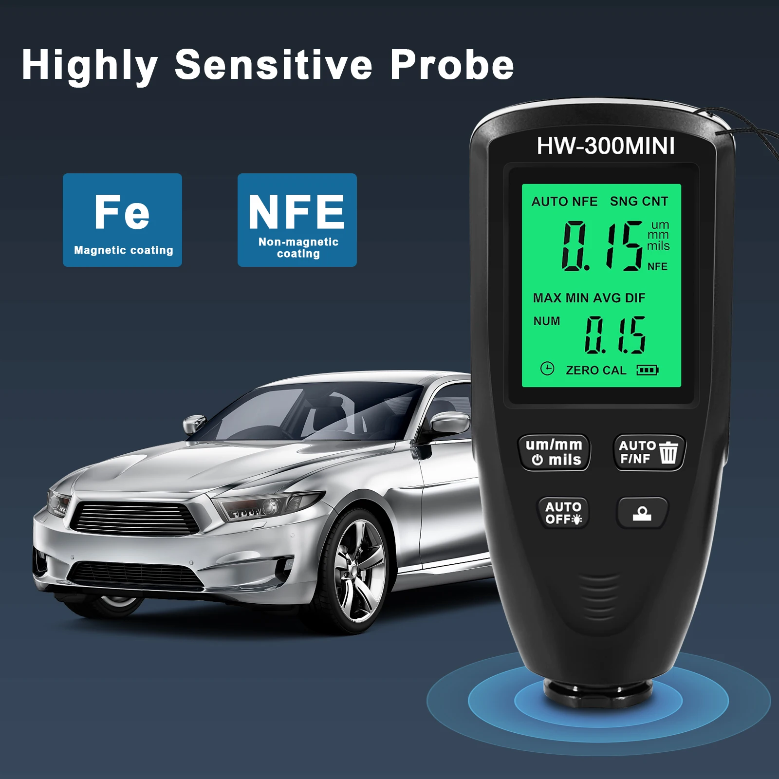 Coation Thickness Gauge HW-300 Mini Digital Coating Car Paint Tester 0.1micron/0-2000 Car Paint Film Thickness Tester Measuring