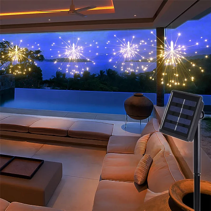 Solar Lamp Starburst String Light Copper Wire Solar Panel Powered Fairy DIY Firework 120Led 200 Led Xmas Explosion Wedding Light