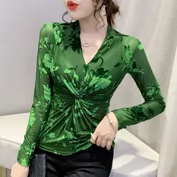 Net Yarn Bottoming Shirt Femme Fashion Printing V-neck T-Shirts Autumn Fashionable Pleated Pullover Top Tee Women Clothes Trend