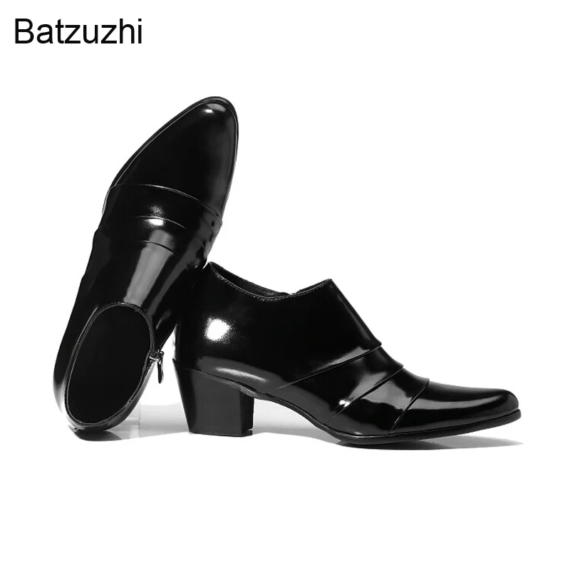 Batzuzhi 6CM High Heels Ankle Shoes Men Pointed Toe Zip Black Leather Shoes for Men Party/Wedding/Business, Sizes 37-44