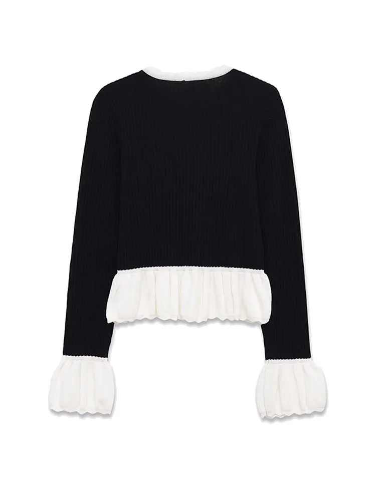 HH Woman Spring Fashion Long Sleeves Single Breasted Contrasting Colors Splicing Decoration Knitted Cardigan Elegant Versatile