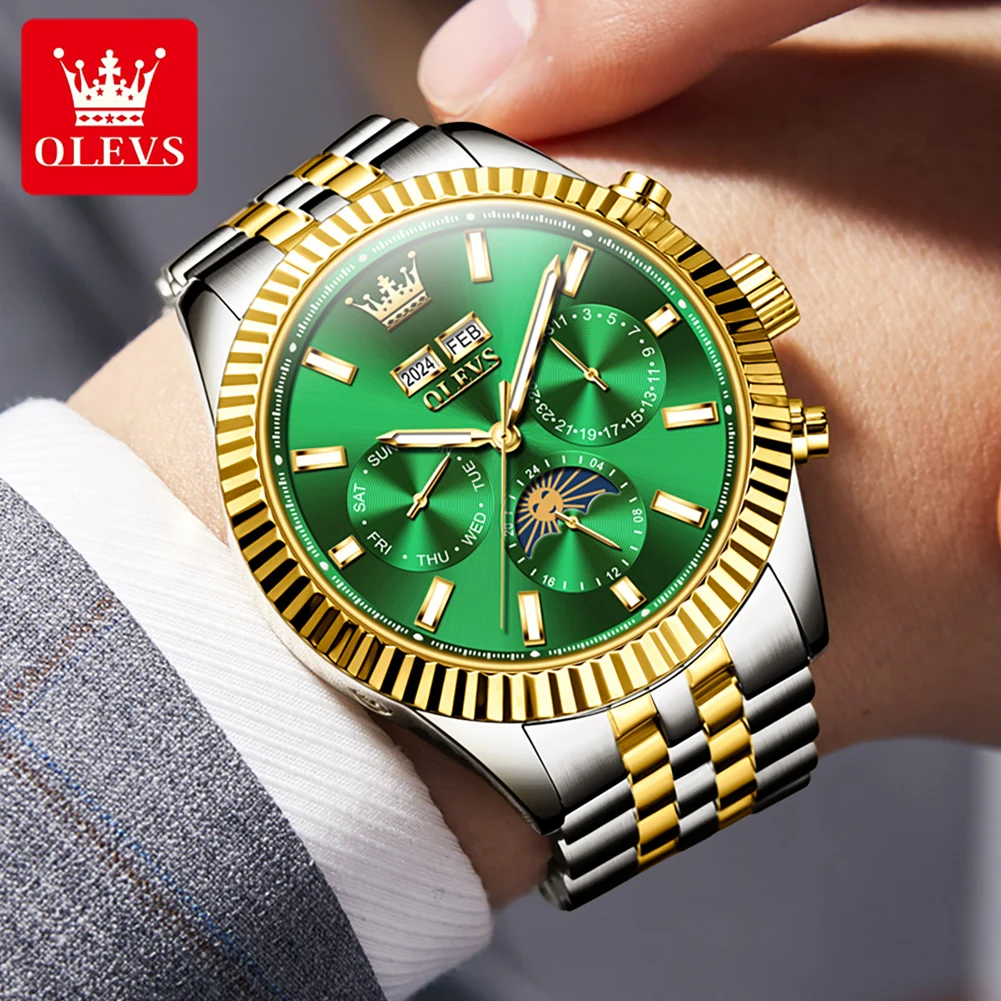 OLEVS 6688 ساعة رجالية ماركة فاخرة أصلية من الفولاذ المقاوم للصدأ تقويم مرحلة القمر مقاوم للماء ساعات آلية أوتوماتيكية مضيئة