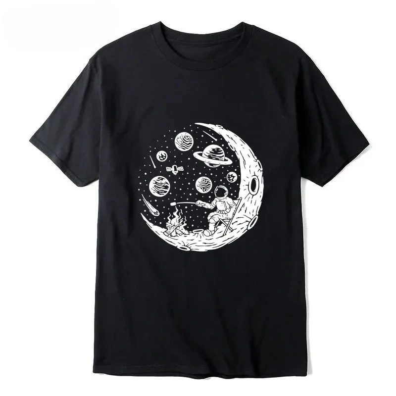 

2025 Summer New 100% Cotton Men's T-shirt, Casual Loose Shirt, Fun Astronaut Print, Moon, Barbecue, Crew Neck, High Quality.