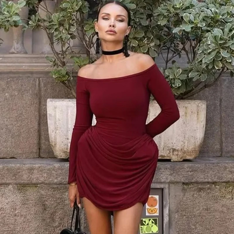 

TARUXY Elegant Ruched Long Sleeve Dress For Women One Shoulder Bodycon Mini Dress Sexy Club Party Dresses Lady Solid High Waist