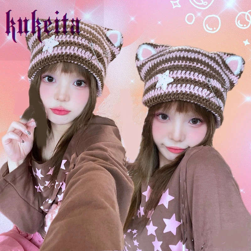 Harajuku Punk piękny kot uszy kapelusz dla kobiet ciepła czapka Beanie na zimę kapelusze japoński Kawaii różowa gwiazda dzianina w paski czapki