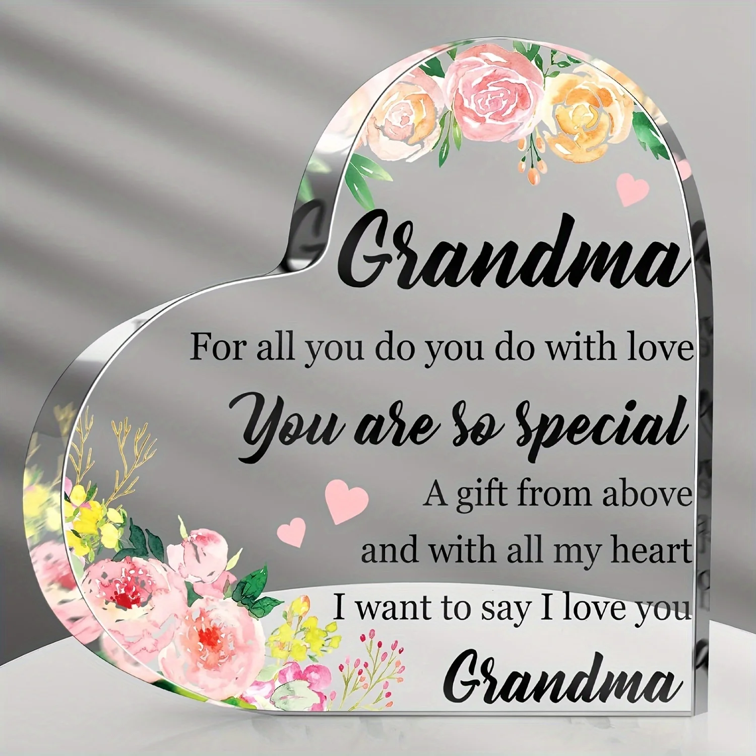 Heart Shaped Acrylic Plaque Gift for Grandma Watercolor Floral Desk Decor- 