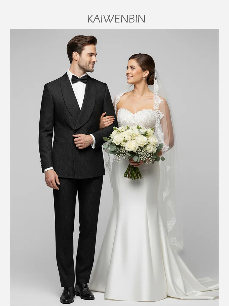 Mens Tuxedo 2PC Set Shawl Lapel Double Breasted 2 Button Check Pattern Formal Wedding Groom Banquet Business Reception