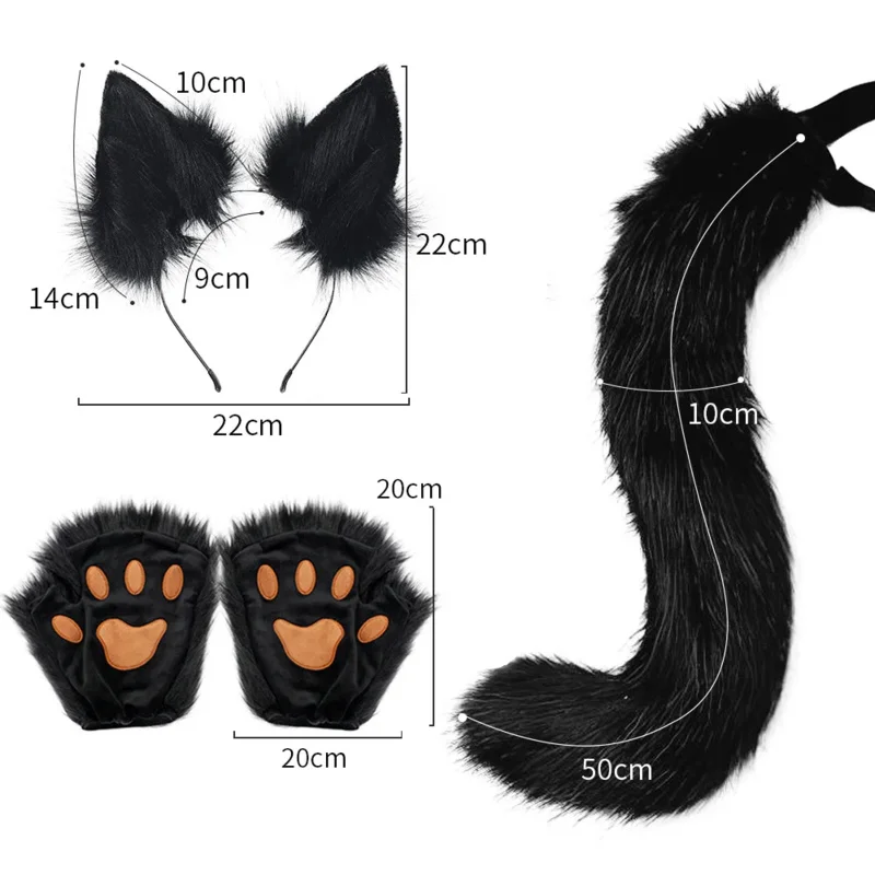 Fox Tail Fox Ears Set para Halloween Party, luvas fofas, Cosplay Animação Exposição Personagem, Handmade Plush Props, Anime