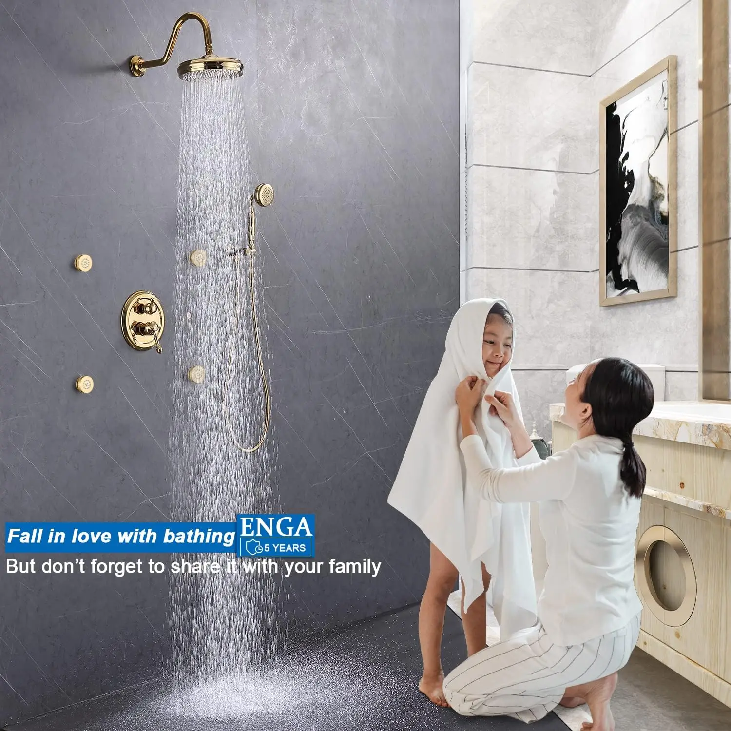 Enga Antique Shower Faucet Sets Complete Bright Gold Shower System With Jets 8 Inch Rainfall Head And Handheld Spray Fixtures