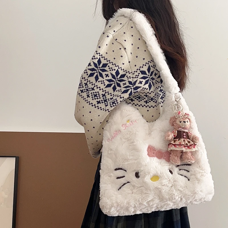 Kawaii Hello Kitty Plush Shoulder Bag Large Capacity Furry Y2k Handbag Cute Plush Tote Bag Autumn/Winter Bags for Women Girls