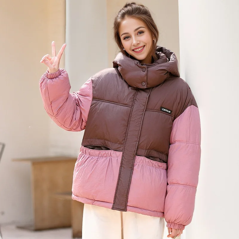 2024 Winter Women\'s Down Cotton Jacket Female Hooded Thicken Warm Parkas Pockets Coats Female Contrast Casual Padded Jacket