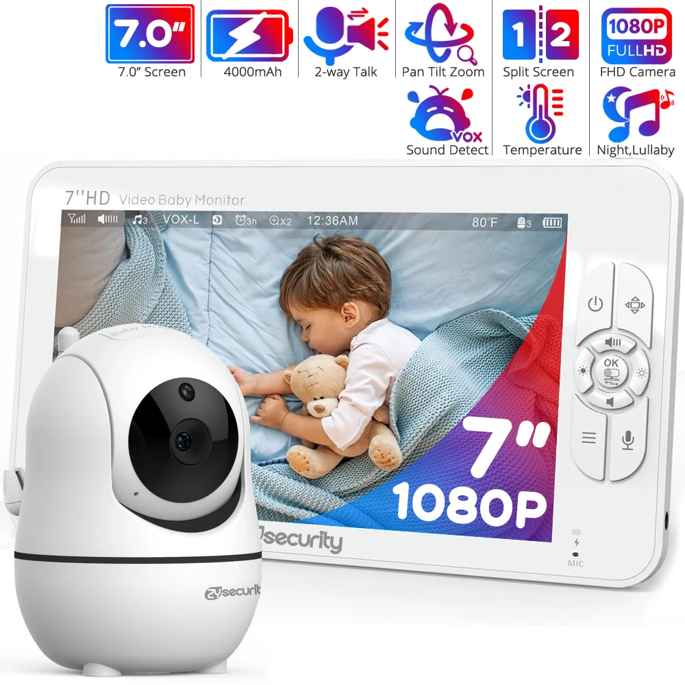 7 cali Elektroniczna niania z kamerą 1080p Pan-Tilt-Zoom Kamera Niania Telefon dziecięcy Dwukierunkowe audio Automatyczne widzenie w nocy Brak wifi