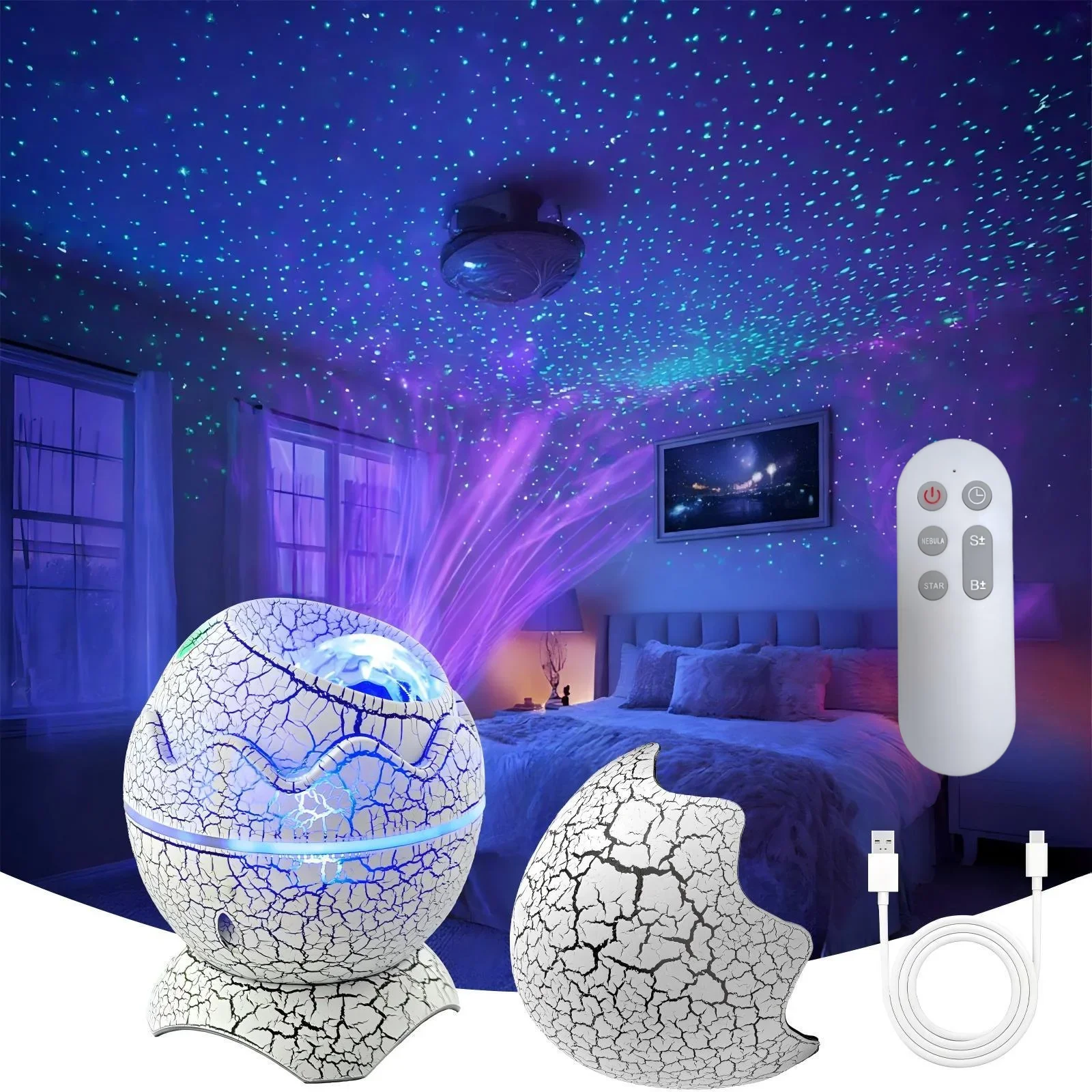 Proyector de Galaxia con Forma de Huevo de Dinosaurio - Lámpara Nocturna con Proyección de Estrellas para Niños y Adultos, Proyector de Astronauta para Dormitorio con Bluetooth