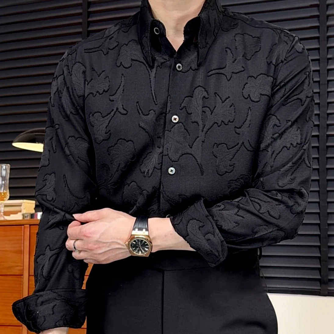 Flower Jacquard Shirt Men's Camisa Social Masculina Business Casual Wedding Inner Layer Easy Care Shirts Men Dress Camisa Hombre