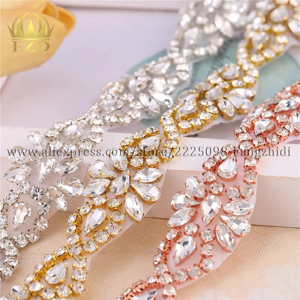 FZD 10 Yards New design Rhinestones Applique Crystal Hot Fix Clear Rhinestones Designs for Bridal Sash or DIY Wristbands Belt