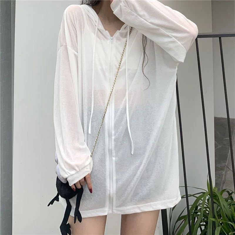 

Ice Silk Thin Hooded Cardigan for Women Summer Loose Long Sleeve White Sun Protection Tops Y2K Fashion Simple Zipper Cardigan