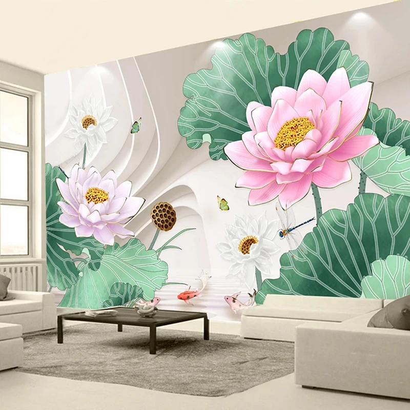 Custom Wallpaper 3D Relief Lotus Background Wall Mural Living Room TV Bedroom Sofa Home Decor Papel De Parede 3D Flores Sticker