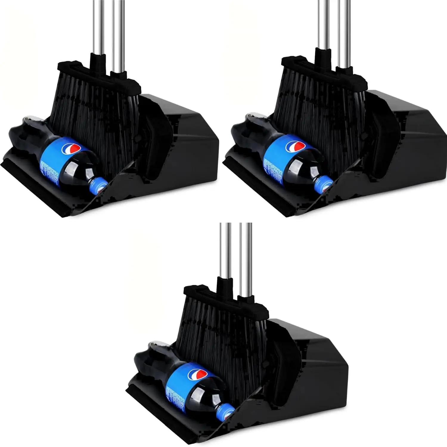 

Commercial Broom and Dustpan Set, 3-Pack with Long Handle for Hall Lobby Office Garage - Black