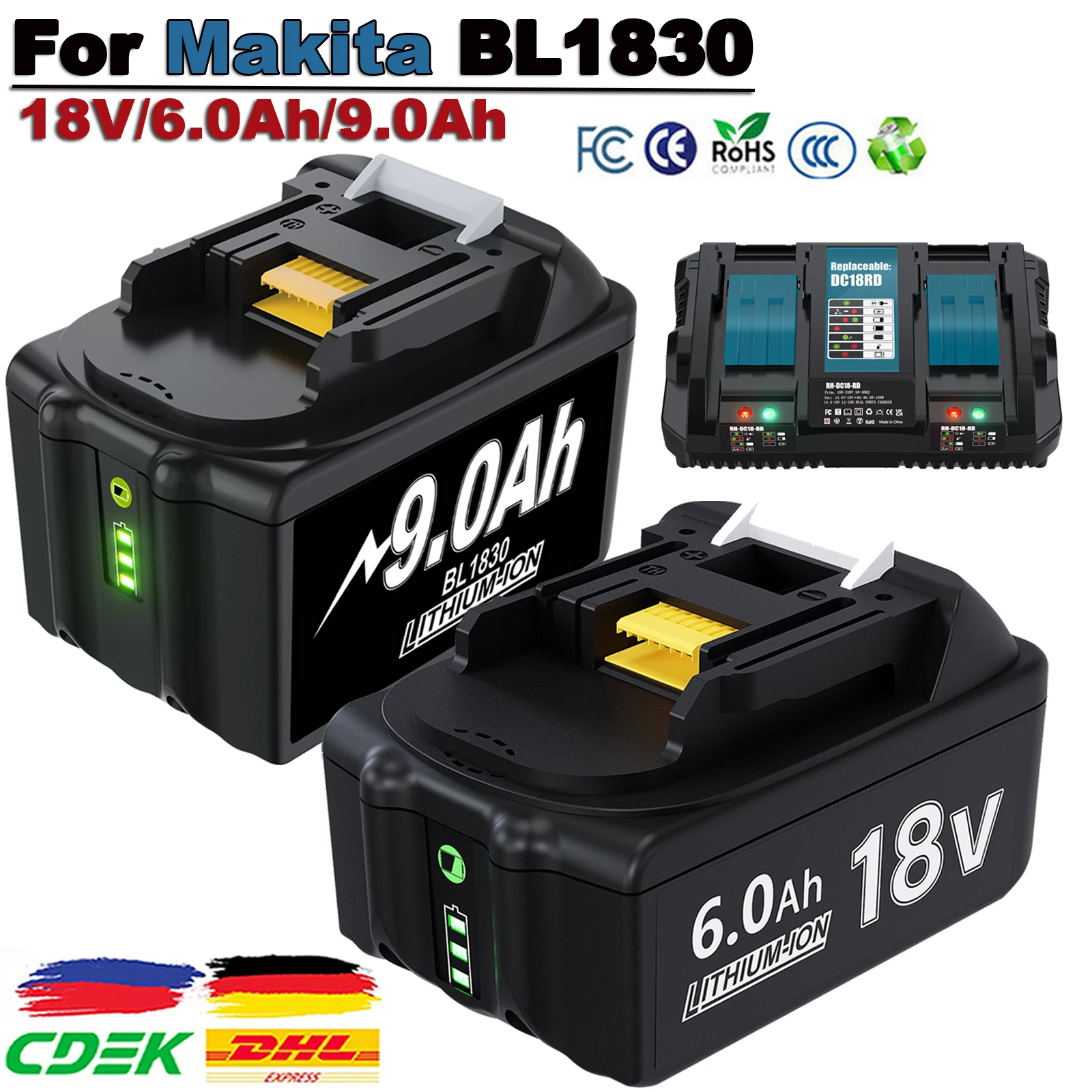 Batería recargable de 18V para Makita BL1830, batería de repuesto de 9.0ah/6.0Ah para Makita BL1815 BL1860, herramienta eléctrica