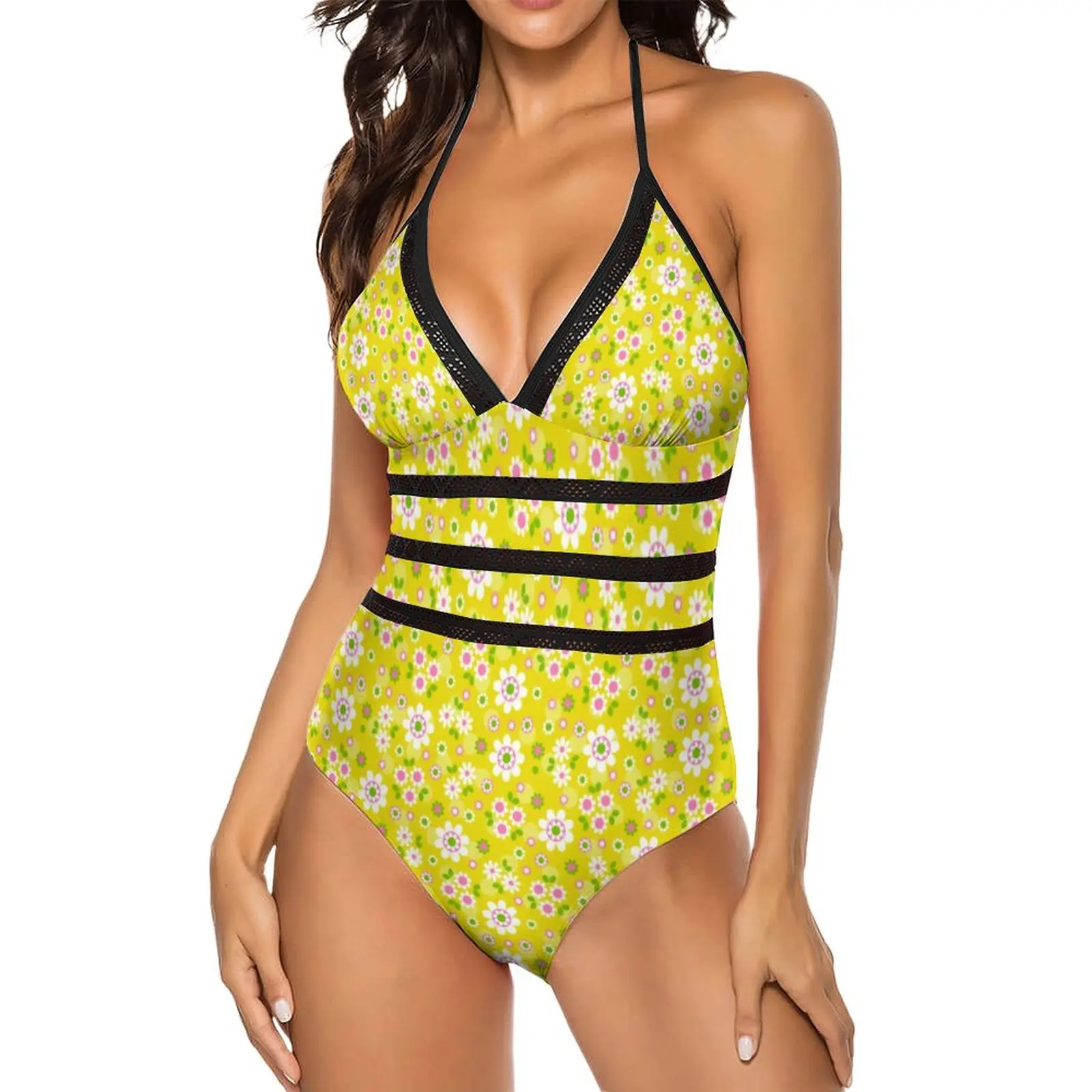 Retro Mod Swimsuit Sexy Flowers Yellow Print One Piece Swimwear Women Push Up Bodysuit Stylish Hollow Out Monokini