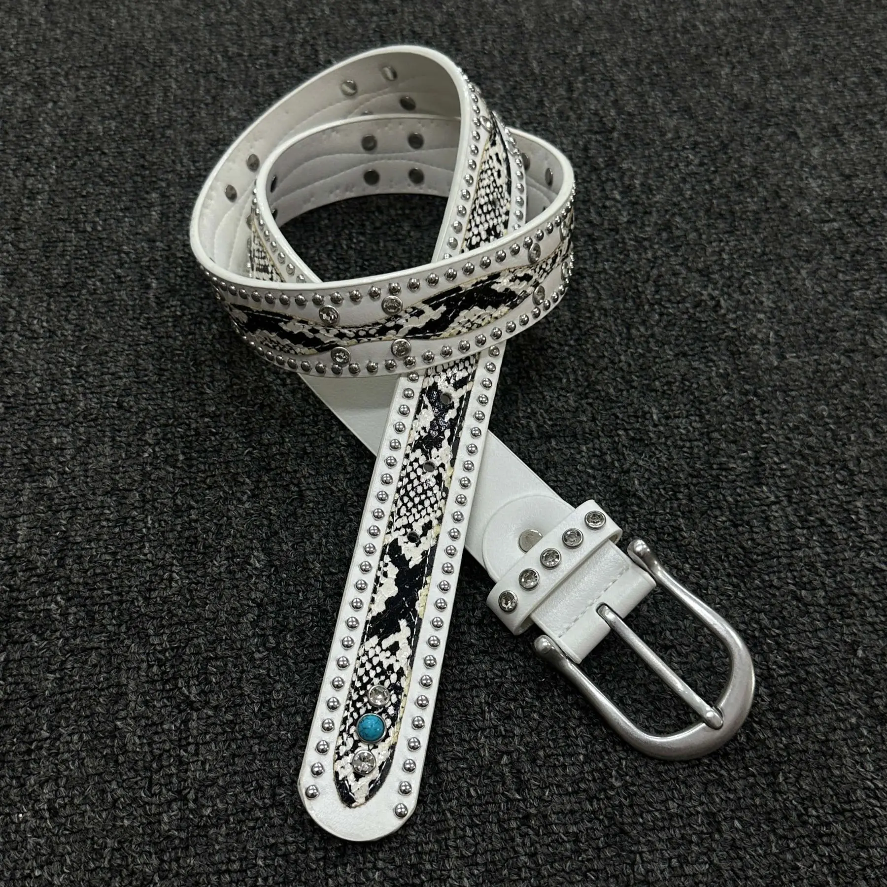 Trendy Punk Y2K Snake Print Belt with Pearls & Studs, PU Leather Waistband for Both Men and Women, Perfect for Jeans and Dresses