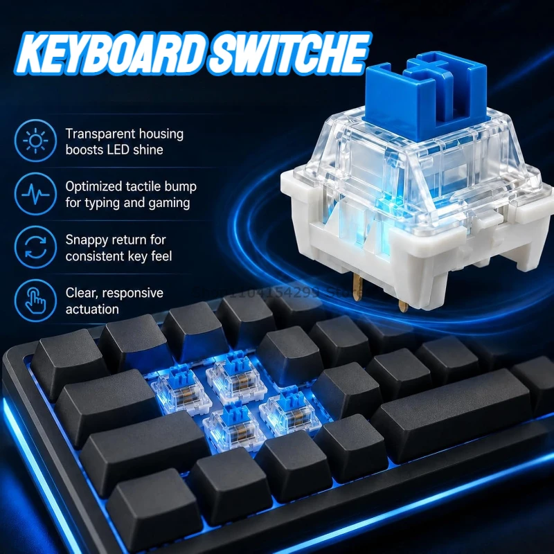 50 Pcs Blue Keyboard Switches, 3-Pin Clicky Tactile Mechanical Keyboard Switches, Complete DIY Replacement Kit with Switch Pulle