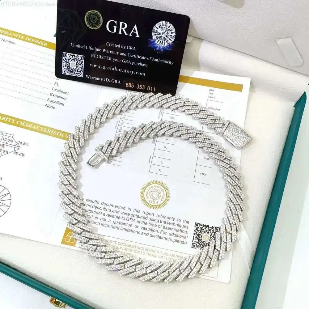 

12mm Cuban Silver Chain Plated Necklace for Men Moissanite Prong Link 925 Diamond Bracelet