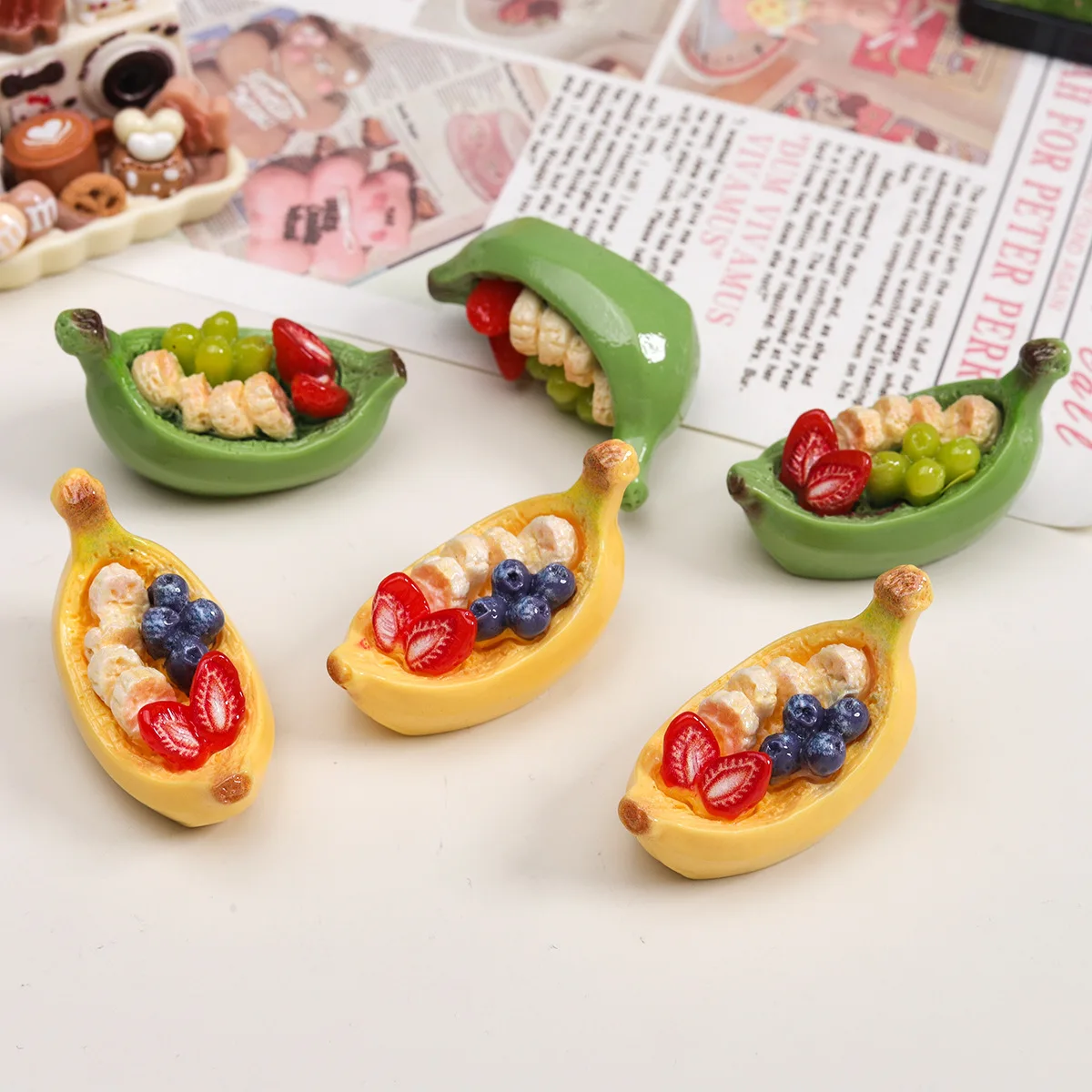 5/50pcs 3D Banana Fruit Boat Miniature Flat Back Resin Cabochons Dollhouse Scrapbooking DIY Home Decor Craft Accessories
