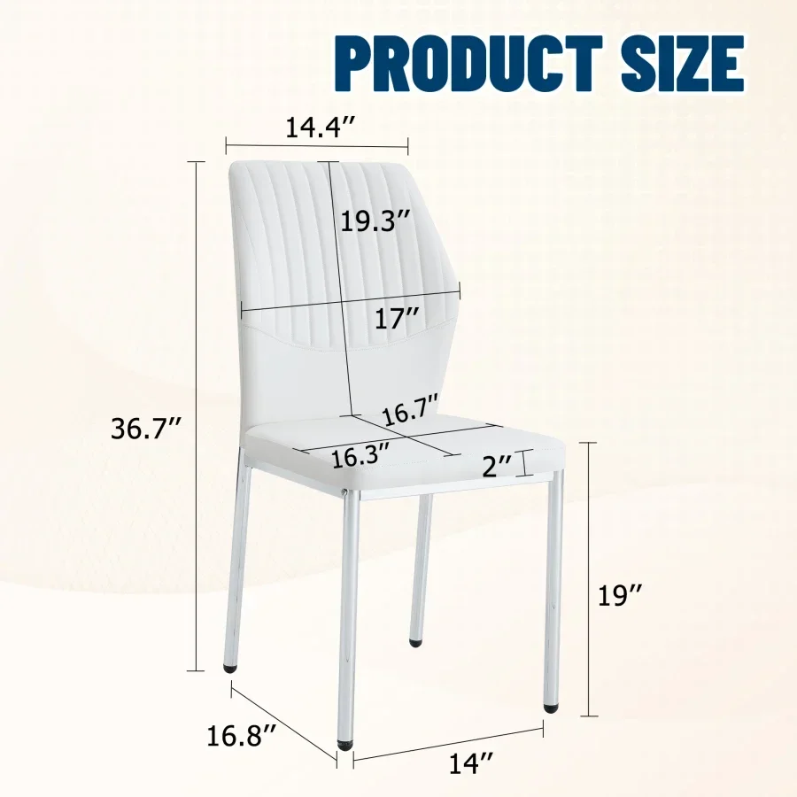 Luxury Simple Chair - Set of 6 White PU Material High Resilience Dining Chair with Metal Silver Leg.The Chair Back Has a Vertic