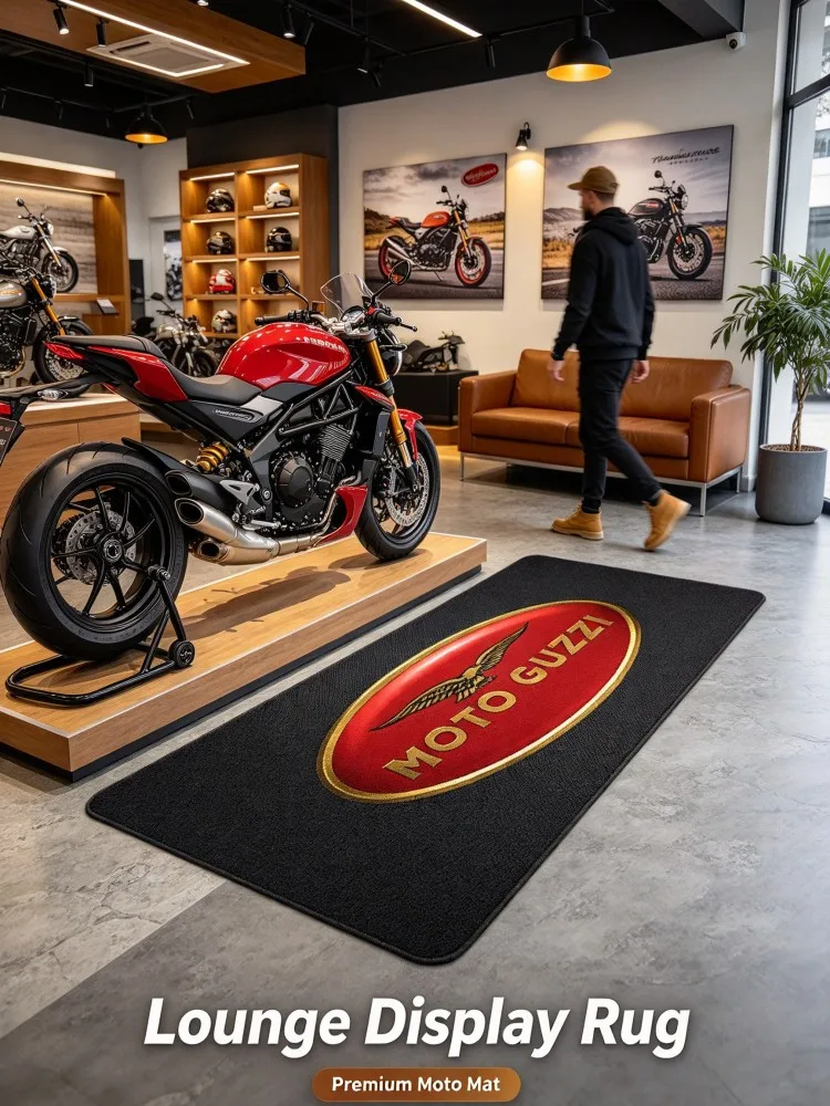 VIKAMA Moto Guzzi Style Motorcycle Display Rug Black Long Floor Mat with Red Gold Eagle Logo for Showroom Workshop Garage Exhibi