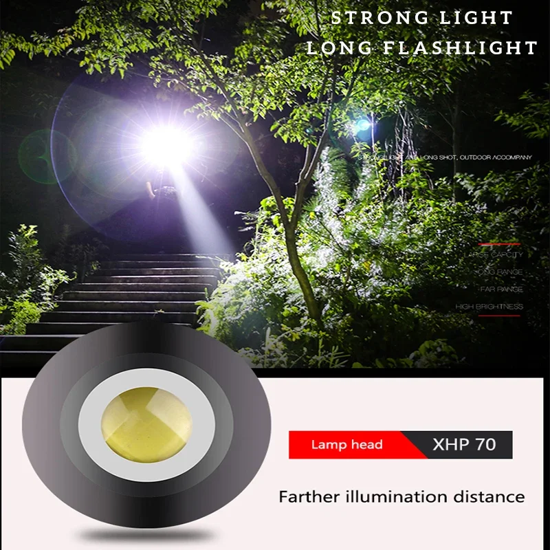 Senter Led Mini XHP50 XHP70 30W, senter daya tinggi 18650 26650 USB, lampu dapat diisi ulang kuat, lampu luar ruangan, Zoom teleskopik