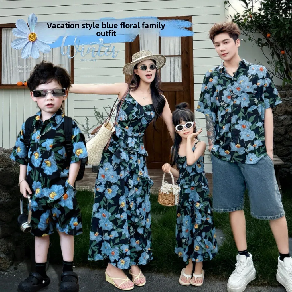 

2026 Summer Mommy and Me Floral Print Family Matching Outfit Casual Beach Dress & Shirt Set for Mom Dad Kids Baby