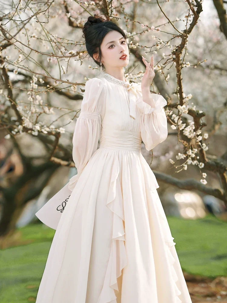 ربيع الخريف المرأة Fairycore فستان الأميرة الوقوف طوق الماس الشيفون القوس فستان الحفلات أنيقة المؤنث الكشكشة ميدي فستان