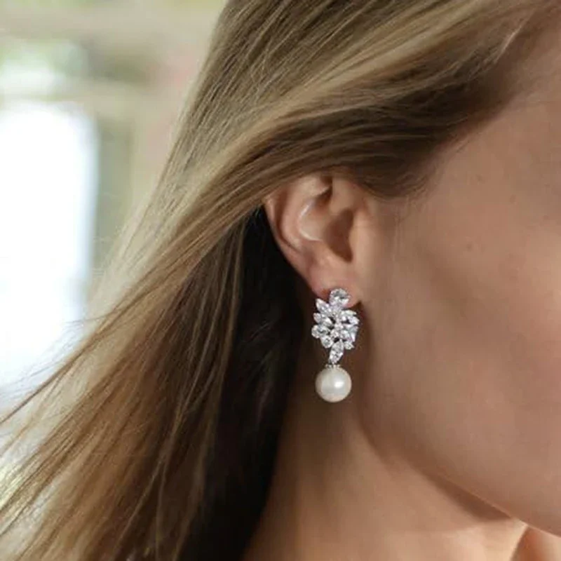 Huitan Bridal Wedding Earrings Brilliant CZ with Imitation Pearl Silver Color Bling Bling Drop Earrings for Women Trendy Jewelry