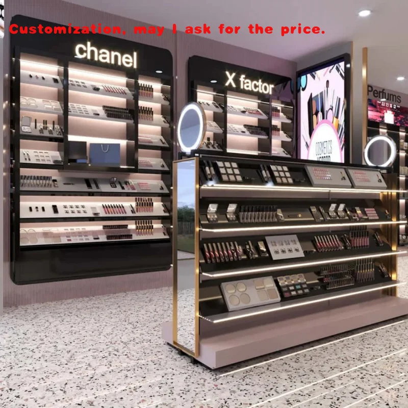 

custom.Natural Wood Metal Cosmetic Display Stand Perfume Makeup Product Shelves Skin Care Shop Decoration Rack Cosmetic Shop