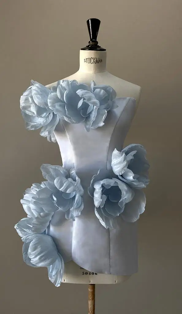 Cute 3D Rose Floral Mini Dress 2025 Couture Handmade Ruffled Flowers Short Prom Party Dresses Dark Red Blue Event Gala Dress