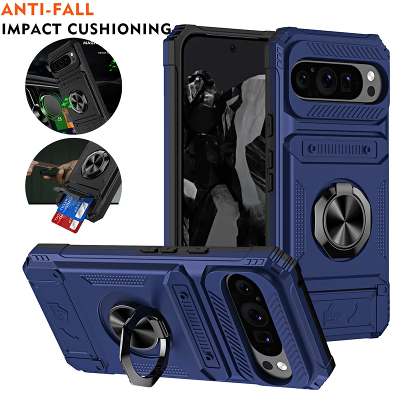 

Luxury Car Mount Magnetic Bracket Shockproof Phone Case For Google Pixel 9 Pro XL 5G With Ring Holder Card Slot Protective Cover