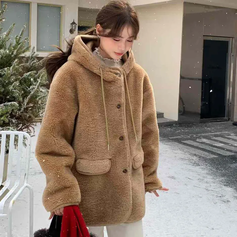 [EWQ] Korean Vintage Style Hooded Single Breasted Faux Fur Coat Keep Warm Women Brown Fur Outerwears 2024 Winter New 16O3757