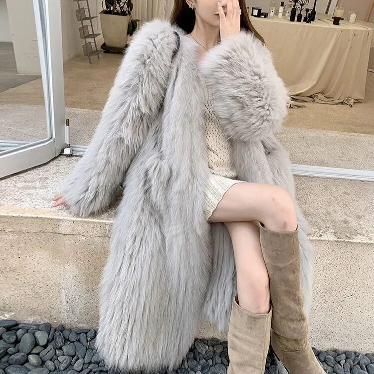 Abrigo largo de piel de zorro sintética para mujer, chaqueta de piel de visón de imitación, gabardina flocada, Parka peluda, cárdigan, Tops, invierno, 2025