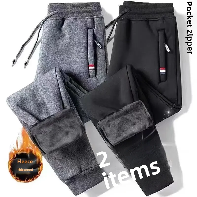 Pantalones de chándal gruesos con forro polar para hombre, pantalones elásticos adelgazantes de pierna recta, pantalones casuales con cremallera, recién llegados, Otoño e Invierno