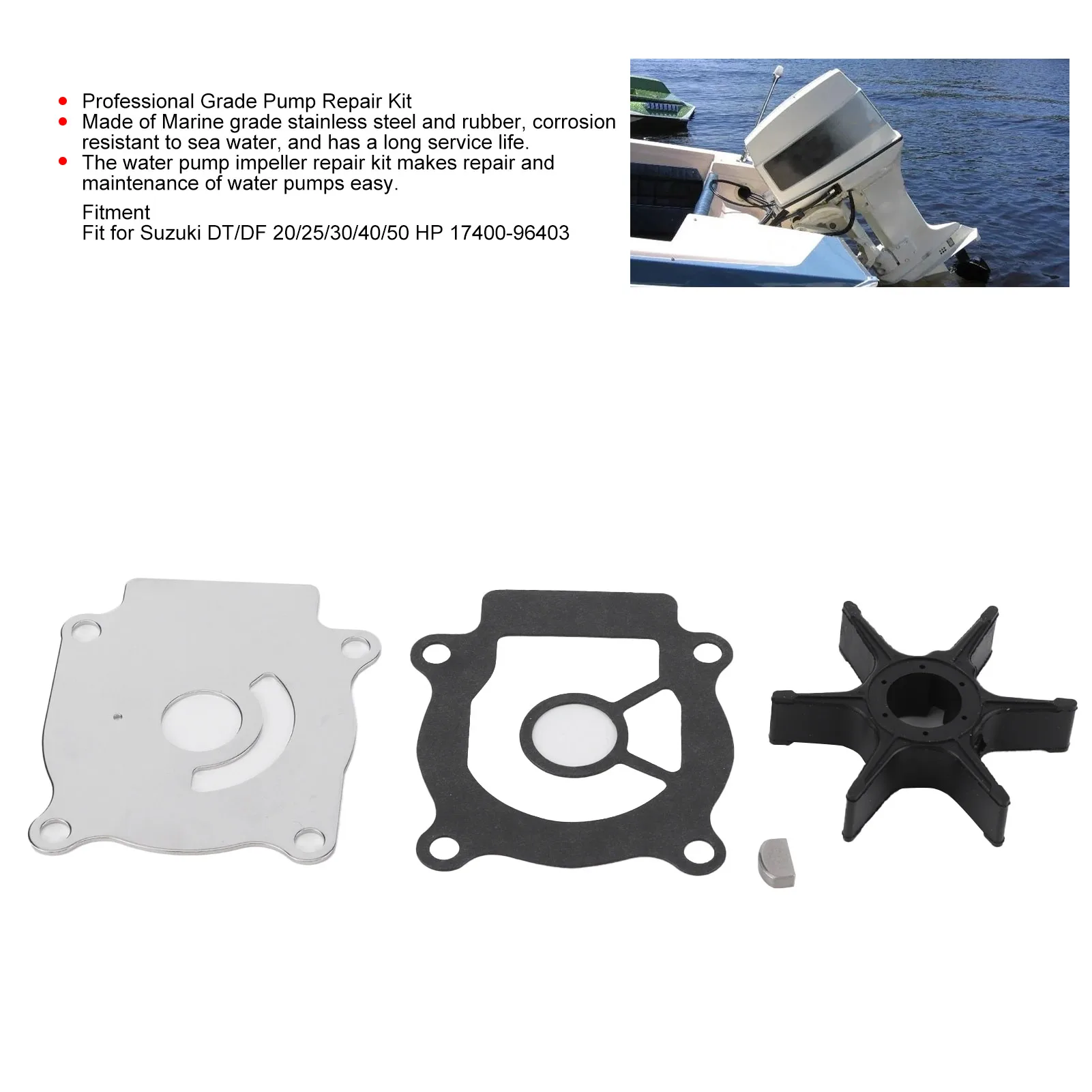 Water Pump Impeller Repair Kit Corrosion Resistance Fit for Suzuki DT/DF 20/25/30/40/50 HP 17400‑96403 Outboard Engine