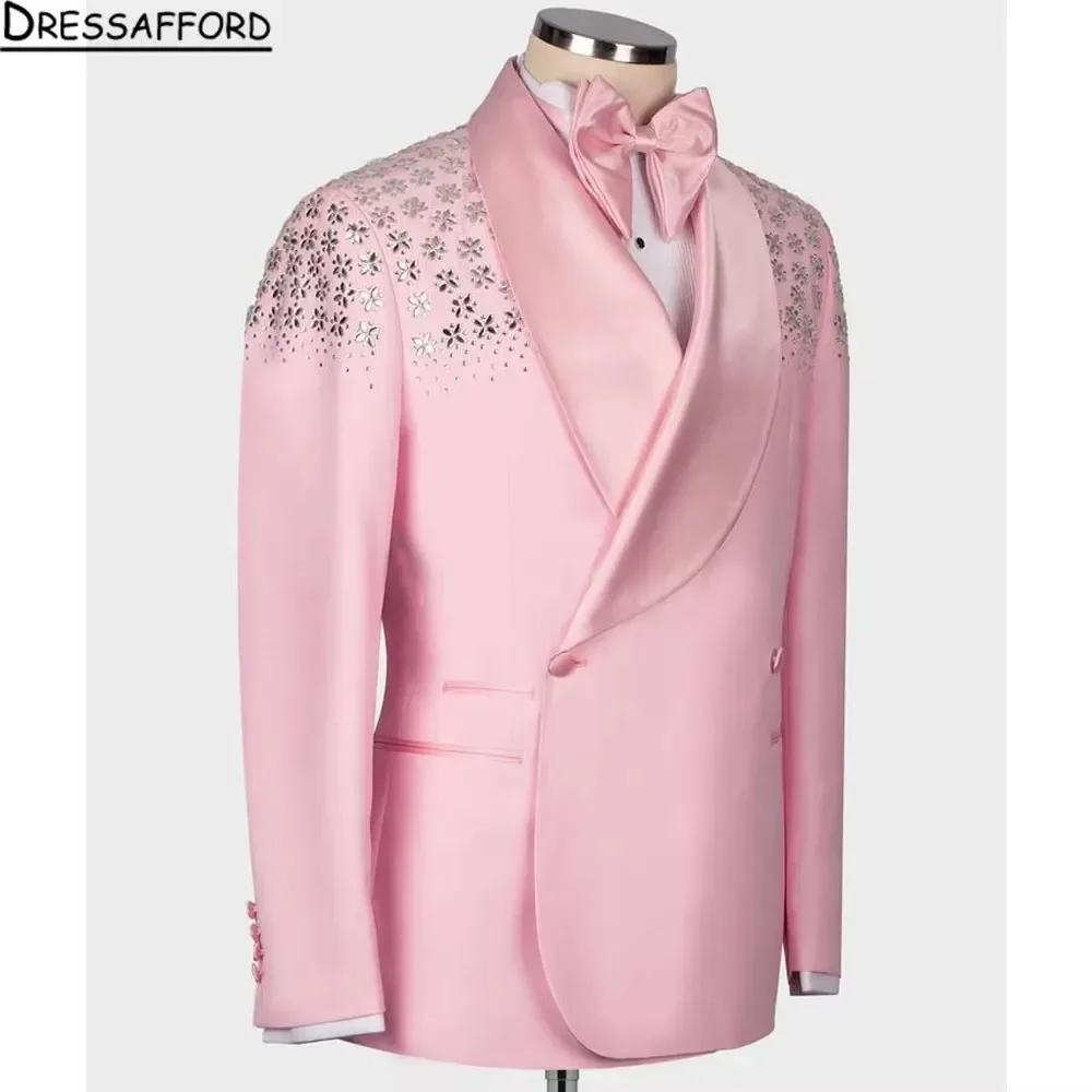 Pink Suits Men For Wedding 2 Pieces Jacket Pants Crystal Beaded Groom Tuxedo Formal Business Banquet