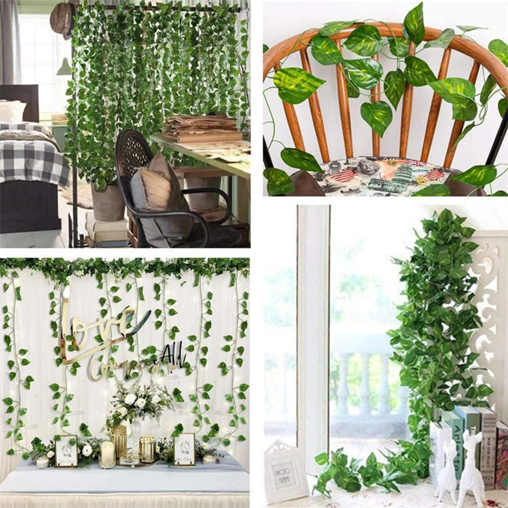 2.1M 12 Pcs Artificial Plant Green Ivy Leaf Garland Silk Wall Hanging Vine Home Garden Decoration Wedding Party Fake Leaves